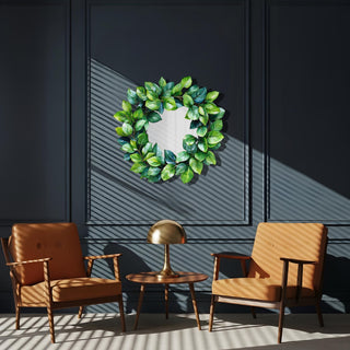 Greenery Metal Wall Mirror, Leaf Wreath Design, Nature Wall Decor, Botanical Home Decoration