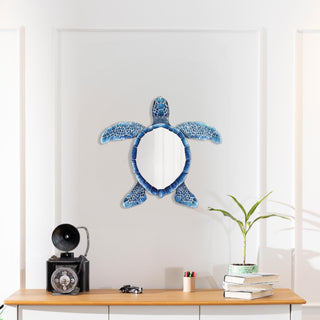 Mirrored Sea Turtle Wall Decoration, Blue Ocean Design, Metal Wall Mirror, Beach Home Decor