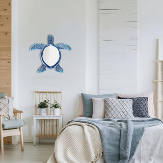 Mirrored Sea Turtle Wall Decoration, Blue Ocean Design, Metal Wall Mirror, Beach Home Decor