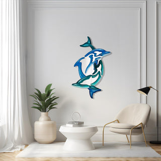 Twin Dolphin Mirrored Wall Art, Metal Wall Mirror with Ocean Design, Blue Home Decoration