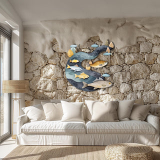 Metal Fish Sculpture, Blue Ocean Wall Hanging, Nautical Home Decoration, 3D Metal Wall Art