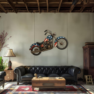 Patriotic Motorcycle Metal Wall Art, American Flag Design, Rusty Metal Wall Decor, Garage Decoration
