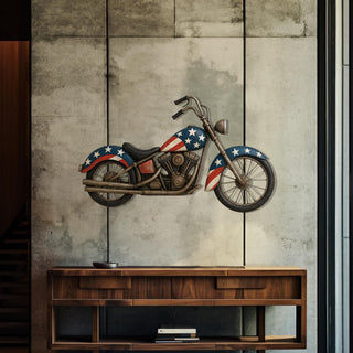 Patriotic Motorcycle Metal Wall Art, American Flag Design, Rusty Metal Wall Decor, Garage Decoration