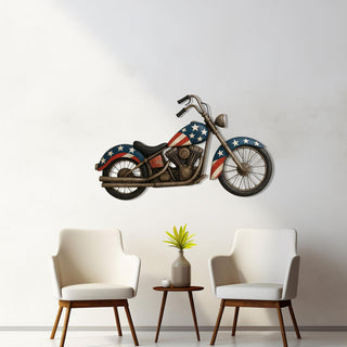 Patriotic Motorcycle Metal Wall Art, American Flag Design, Rusty Metal Wall Decor, Garage Decoration