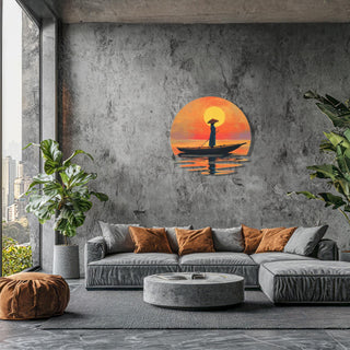 Zen Home Decor, Metal Boat Wall Art with Asian Style, Sunset Wall Decor, Meditation Wall Sculpture