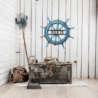 Metal Ship Wheel Wall Art with Blue Color, Sea Wall Decor, Coastal Home Decoration