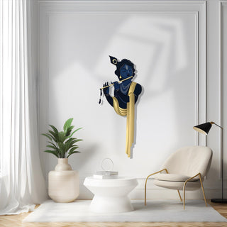 Krishna Flute Metal Wall Sculpture with Colorful Design, Hindu God Meditation Art for Yoga Studio
