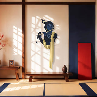 Krishna Flute Metal Wall Sculpture with Colorful Design, Hindu God Meditation Art for Yoga Studio