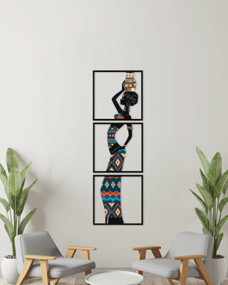 Trio Wall Art with Afro Woman Design, African Girl Metal Wall Sculpture, Boho Wall Hanging