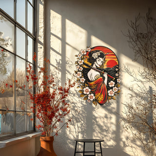 Vintage Floral Geisha Metal Wall Art, Japanese Wall Sculpture, Japan Woman Figure Art, Colorful Design