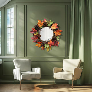 Fall Leaves Wreath Mirror: Rustic Farmhouse Wall Art