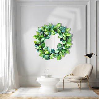 Greenery Metal Wall Mirror, Leaf Wreath Design, Nature Wall Decor, Botanical Home Decoration