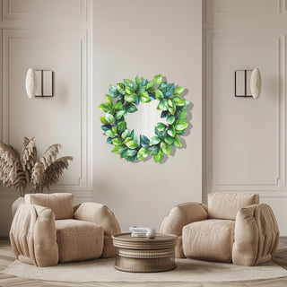 Greenery Metal Wall Mirror, Leaf Wreath Design, Nature Wall Decor, Botanical Home Decoration