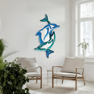 Twin Dolphin Mirrored Wall Art, Metal Wall Mirror with Ocean Design, Blue Home Decoration