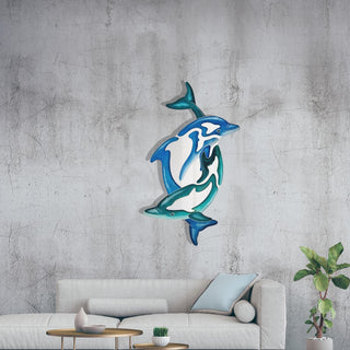 Twin Dolphin Mirrored Wall Art, Metal Wall Mirror with Ocean Design, Blue Home Decoration