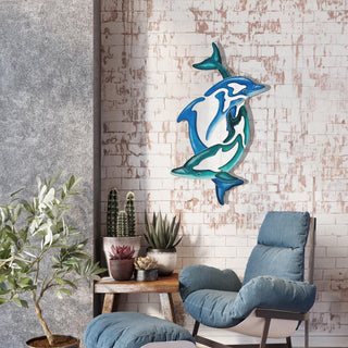 Twin Dolphin Mirrored Wall Art, Metal Wall Mirror with Ocean Design, Blue Home Decoration