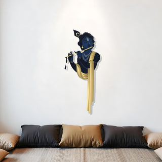 Krishna Flute Metal Wall Sculpture with Colorful Design, Hindu God Meditation Art for Yoga Studio