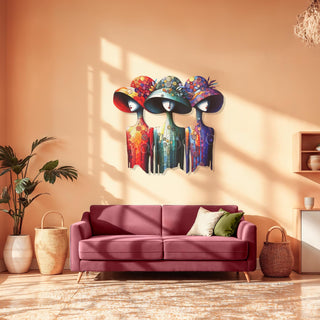 Colorful Women Design Metal Wall Sculpture, Elegant Ladies Wall Art for Living Room, Trio Wall Decor