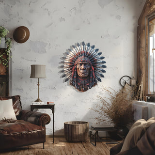 Native Chief Metal Wall Sculpture, Western Decoration with Colorful Design