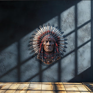 Native Chief Metal Wall Sculpture, Western Decoration with Colorful Design