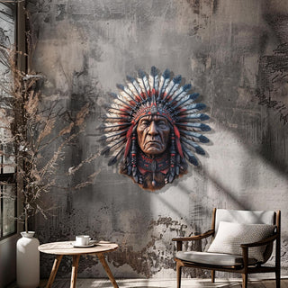 Native Chief Metal Wall Sculpture, Western Decoration with Colorful Design