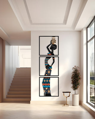 Trio Wall Art with Afro Woman Design, African Girl Metal Wall Sculpture, Boho Wall Hanging